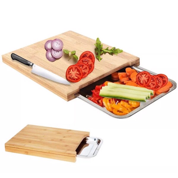 Bamboo Wooden Chopping Board Cutting Slicing + Sliding Stainless Steel Tray-4