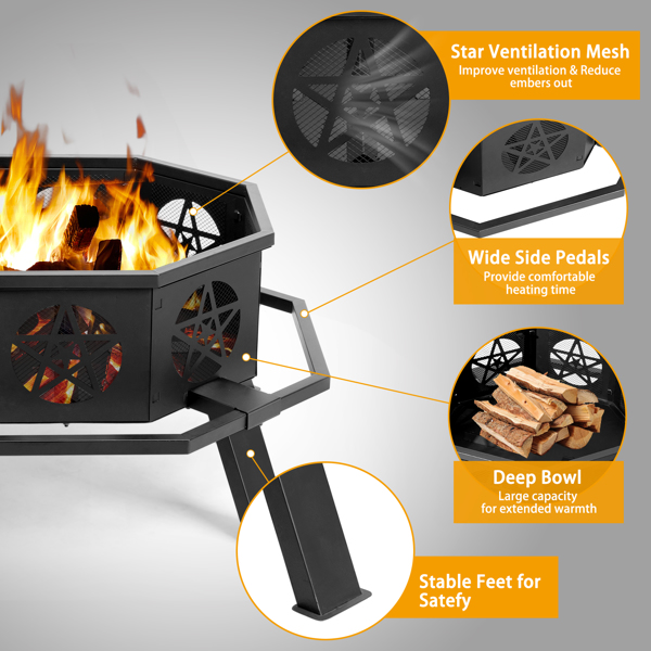 35in 八边形 片装 带脚踏板 五角星通风口 烧柴火盆 铁艺 黑色-6