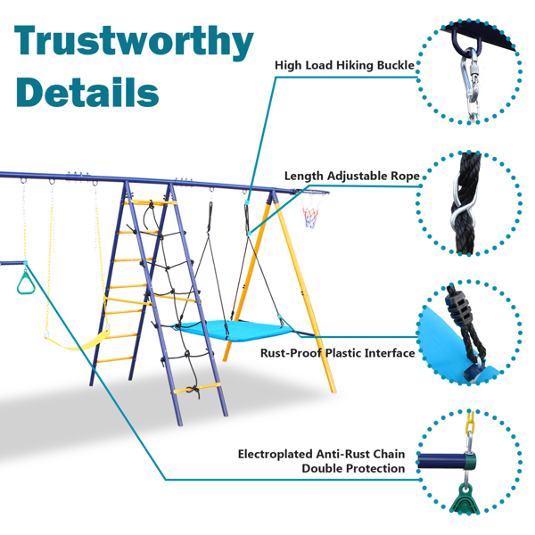 500 磅 7 合 1 儿童后院户外 A 型框架重型金属秋千套装，带滑梯、2 个秋千座椅、1 个攀爬网和梯子、1 个健身圈、1 个篮子-6