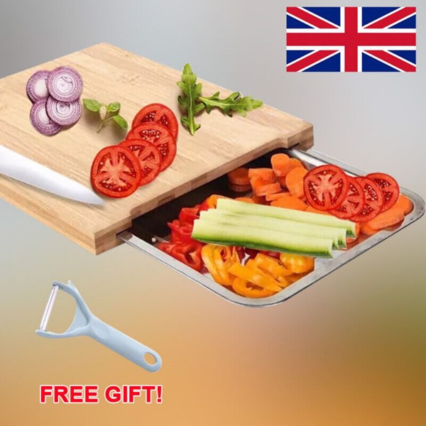 Bamboo Wooden Chopping Board Cutting Slicing + Sliding Stainless Steel Tray-2
