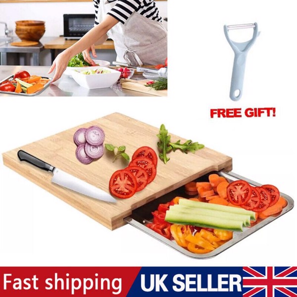 Bamboo Wooden Chopping Board Cutting Slicing + Sliding Stainless Steel Tray-1