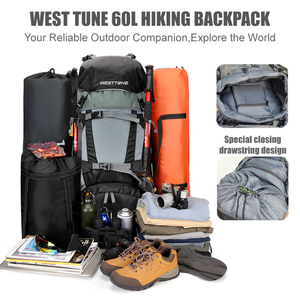  60L户外登山包带内部框架，赠防雨罩,灰色（亚马逊物流）（沃尔玛禁售）（周末不发货）-5