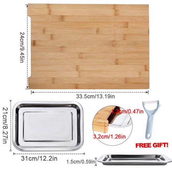 Bamboo Wooden Chopping Board Cutting Slicing + Sliding Stainless Steel Tray-7