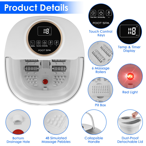 可折叠足部水疗按摩器 电动可折叠泡脚盆，带遥控手柄 冲浪气泡 24 段加热 6 个定时器 6 个按摩滚轮 48 个仿真鹅卵石药盒-6