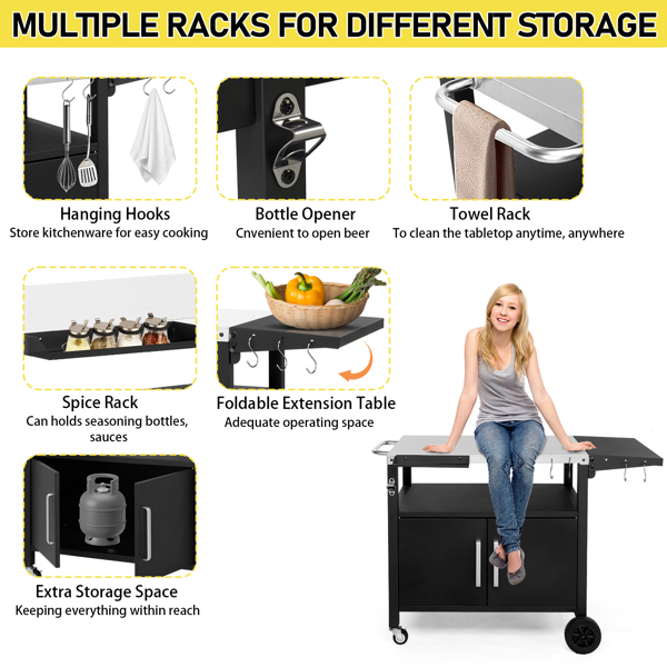 121.5*67*82.7CM 黑色 铁制 带储物柜及侧边钩挂 轮子 烧烤车-14