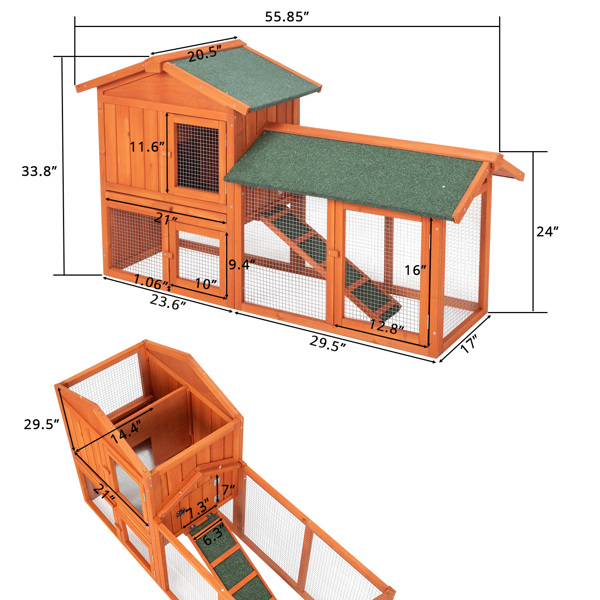  61in 原木色 绿色 杉木 铁网 屋顶双层三角带跑笼 鸡兔笼 N001-9