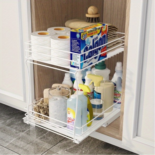 Two-tier sink organizer, pull out cabinet organizer two layers slide out of the sink cabinet organizer, kitchen and bathroom cabinet sink organizer below-1