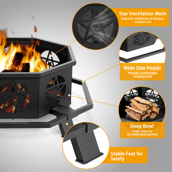 43in 八边形 片装 带脚踏板 五角星通风口 烧柴火盆 铁艺 黑色-11