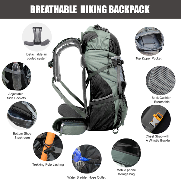 60L户外登山包带内部框架，赠防雨罩,青色（亚马逊物流）（沃尔玛禁售）（周末不发货）-4
