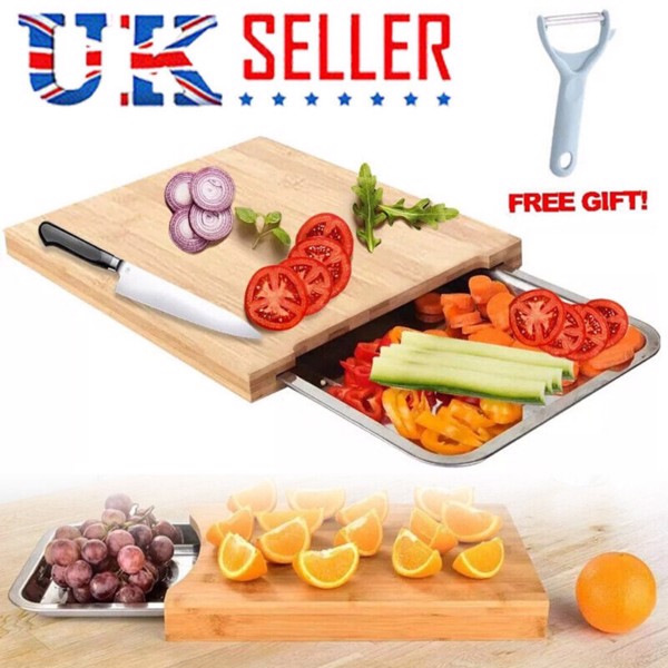 Bamboo Wooden Chopping Board Cutting Slicing + Sliding Stainless Steel Tray-10