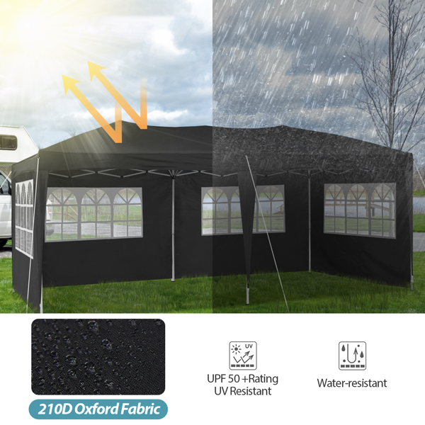 3x6米（10x20英尺）派对帐篷婚礼露台凉亭，带6个可拆卸侧墙和手提包 高度可调节弹出式活动派对帐篷 黑色-8