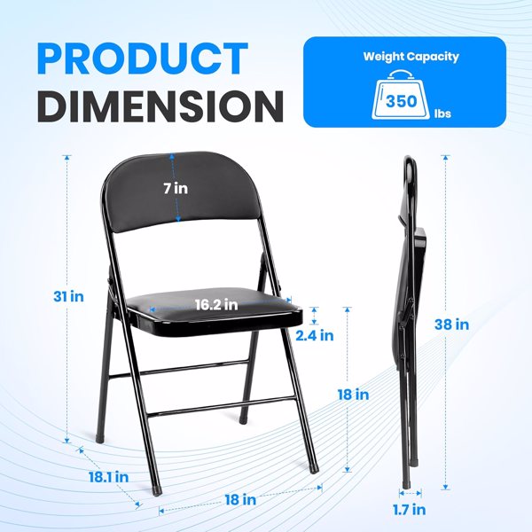 4件装折叠椅，带皮革软垫座椅和耐用金属框架，舒适、可折叠、便携、商业活动座椅，室内室外适合派对、家庭、办公室，黑色-4