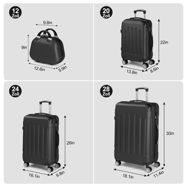  包角款四件套 ABS拉杆箱 20in 24in 28in+12in手提箱 ABS 铁拉杆 经典色系-黑色-14
