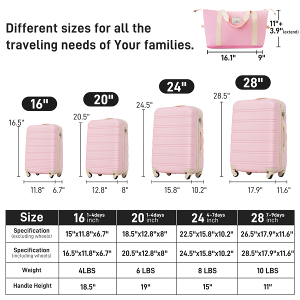 硬壳行李箱套装 4 件 + 带 TSA Lock 的拉杆箱 轻便 16 英寸 + 20 英寸 + 24 英寸 + 28 英寸行李箱-2