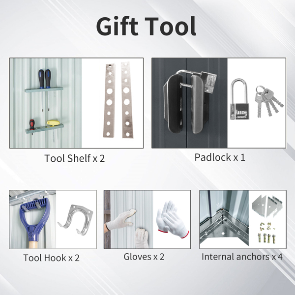 英尺 x 6 英尺户外金属储藏棚，带窗户、透明板和可锁滑动门，适用于花园、草坪（灰色）-7