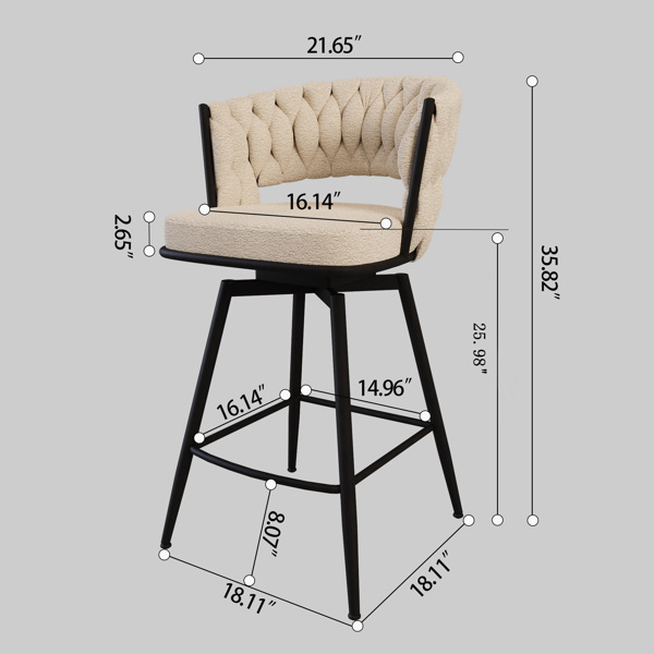 26英寸酒吧椅绒面编织酒吧凳4件套，黑色腿酒吧凳没有可调节的厨房岛椅，360度旋转酒吧凳软垫酒吧椅柜台凳带靠背的扶手椅（白色）-14