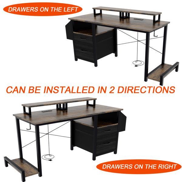 47.27 英寸办公桌，带电源插座、2 个显示器支架和 USB 端口、带储物架的游戏桌、2 个织物抽屉、大侧袋和用于家庭办公书房的挂钩，质朴棕色-7