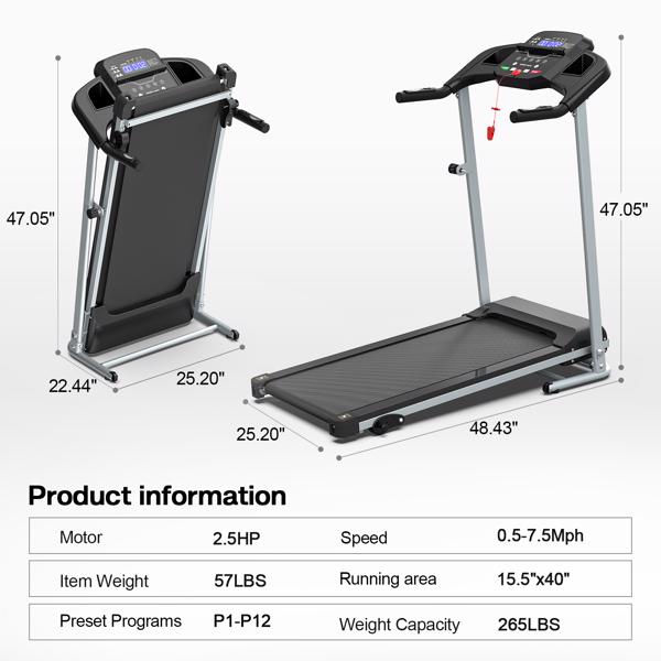 可折叠跑步机 2.5HP 电动折叠跑步机 跑步步行机 适用于家庭健身房，最大承重 265 磅-2