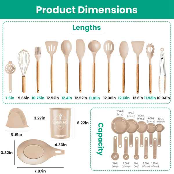 35件厨房烹饪用具套装抹刀套装烘焙用具套装厨房配件必备品带支架蛋威士忌分离机汤头特纳勺杯-卡其色-10