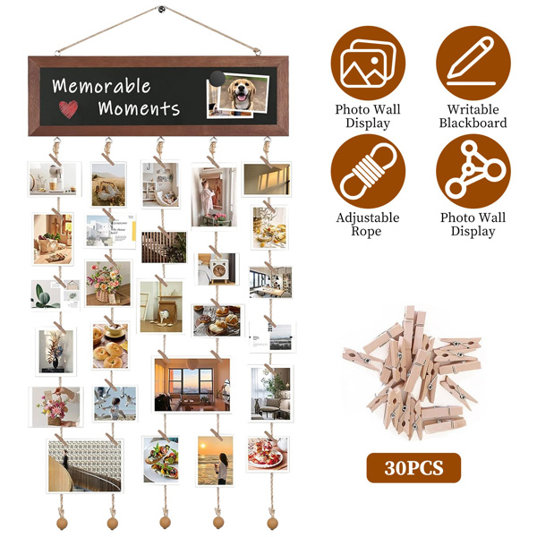 木制悬挂相框照片展示 绳索带 30 个夹子 可书写黑板墙饰 明信片艺术品图片收纳盒-8