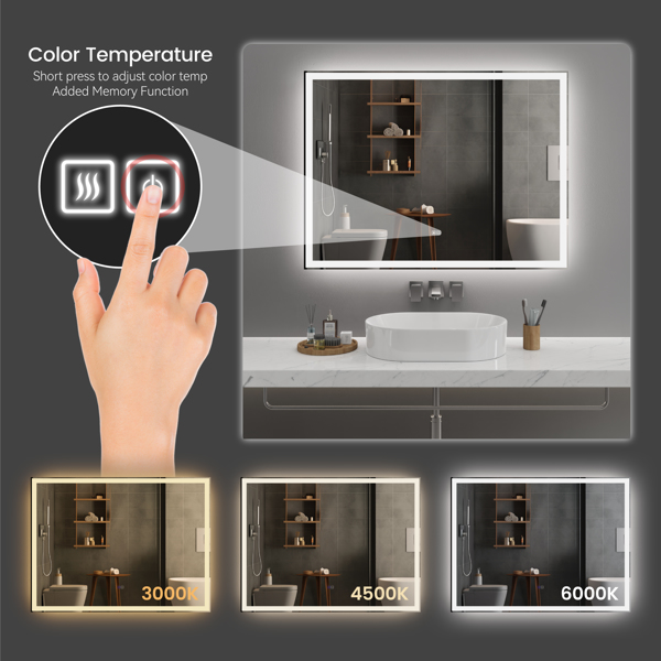 48英寸x36英寸现代LED智能镜子浴室镜子，前照灯和后照灯，3色可调，记忆功能，防雾，时间模式控制[周末无法发货]-3