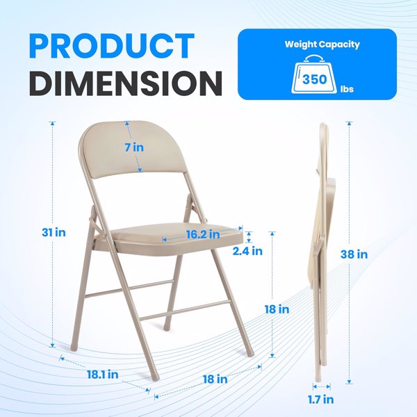 2 件装折叠椅，带皮革软垫座椅和耐用金属框架，舒适、可折叠、便携、商业活动座椅，室内室外适合派对、家庭、办公室、Kahki-3