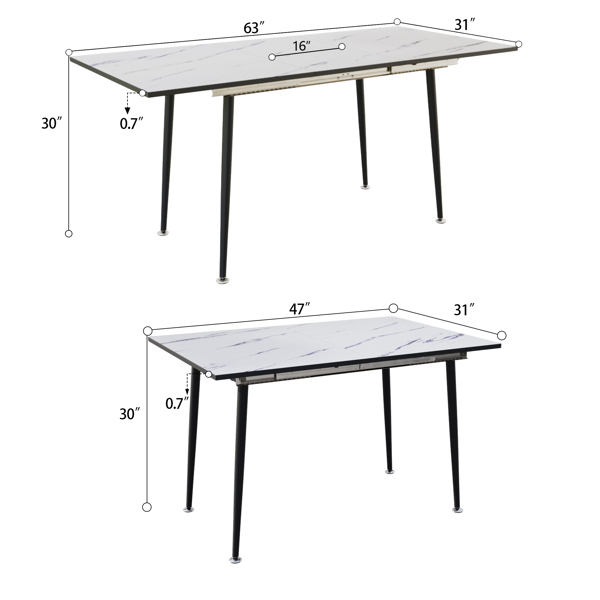47英寸可扩展至63英寸MDF方形白色大理石图案餐桌、现代工业厨房和餐桌，配有锥形黑色金属腿，会议桌，游戏桌，客厅桌，休闲桌，适用于家庭，厨房，聚会，游戏，会议等场合-14