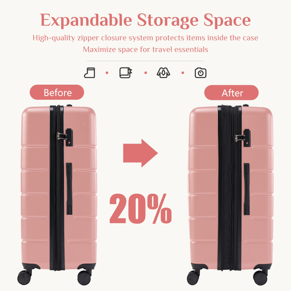 Hard sided expand suitcase with rotating wheels, TSA lock, retractable handle, Pink, 3P-3