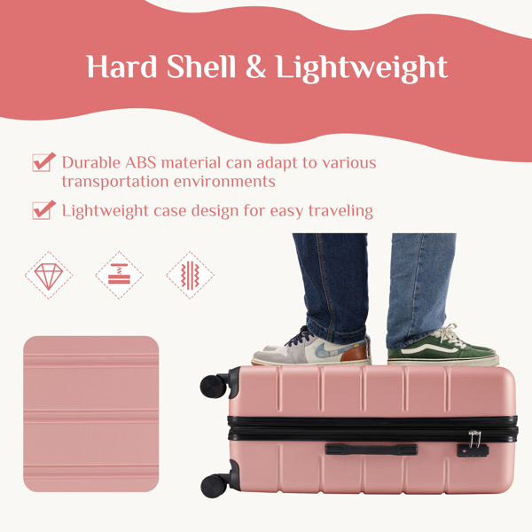Hard sided expand suitcase with rotating wheels, TSA lock, retractable handle, Pink, 3P-6
