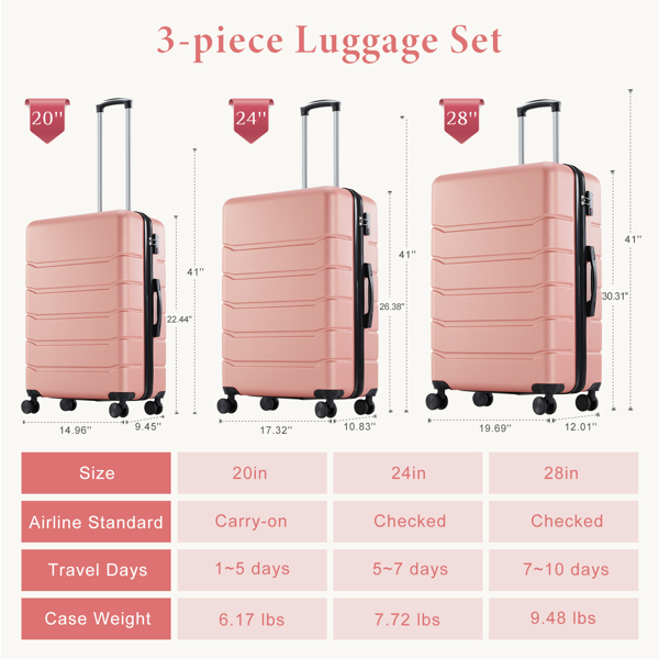 Hard sided expand suitcase with rotating wheels, TSA lock, retractable handle, Pink, 3P-2