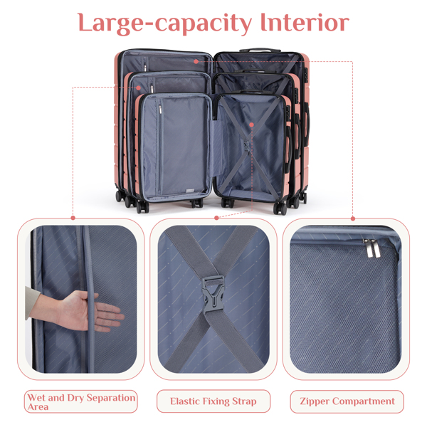 Hard sided expand suitcase with rotating wheels, TSA lock, retractable handle, Pink, 3P-4
