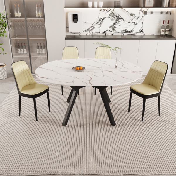 47-63" expandable circular dining tables , equipped with 4 PU fabric thick cushioned dining chairs and an elegant and spacious dining table, kitchen table and chair, with black metal legs -2