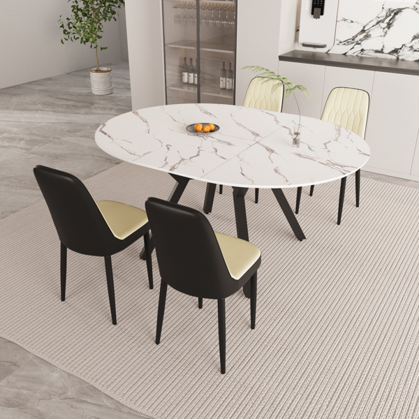 47-63" expandable circular dining tables , equipped with 4 PU fabric thick cushioned dining chairs and an elegant and spacious dining table, kitchen table and chair, with black metal legs -4
