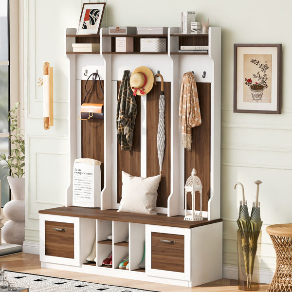5-in-1 Entryway Bench with Coat Rack, 7 Sturdy Hooks, 2 Spacious Drawers and Adjustable Shelves, 58.8'' Wide Hall Tree with Metal Handles for Hallway, Entryway, Living Room-15
