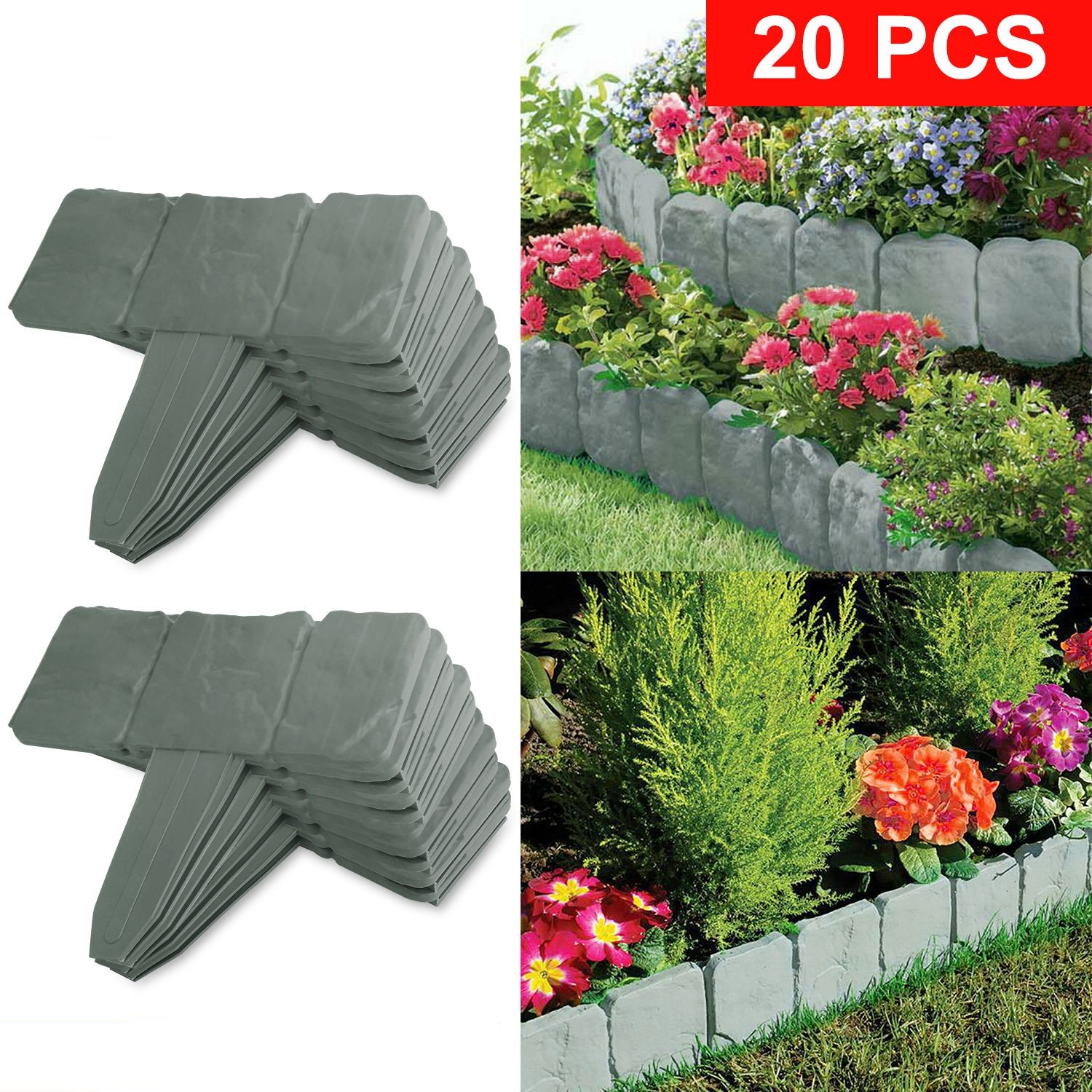 Garden Edging Border,Imitation Stone Effect Garden Lawn Border,No Dig Flexible Lawn Edging and Flower Bed Border (Grey-20)