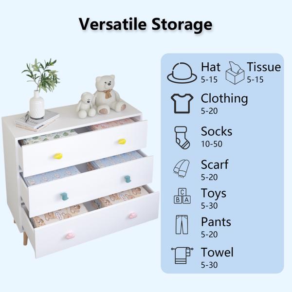 Kids 3 Drawer Dresser, Baby Nightstand for Bedroom, Storage Cabinet for Toddler Child for Living Room, Toddler Room, Nursery, Closet, Apartment (White)-4