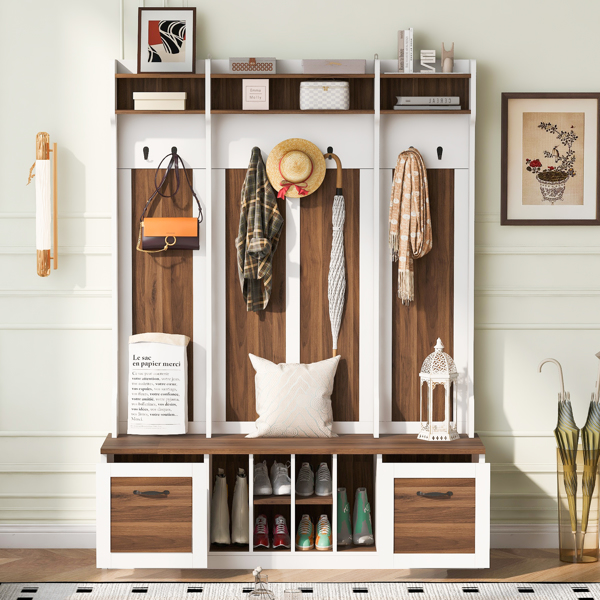 5-in-1 Entryway Bench with Coat Rack, 7 Sturdy Hooks, 2 Spacious Drawers and Adjustable Shelves, 58.8'' Wide Hall Tree with Metal Handles for Hallway, Entryway, Living Room-14