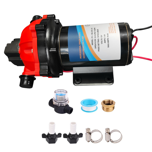 水泵 Red RV Fresh Water Pump 7GPM 70PSI, 12V DC Water Pump Five Chamber Self-Priming Diaphragm Water Pump with Heavy Duty Pressure Switch and Strainer-2