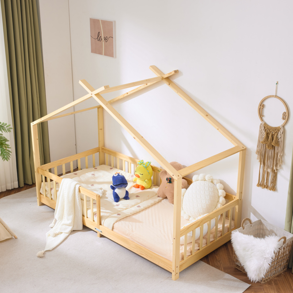 X型屋顶造型 原木色 油漆面 松木 196*98*156cm 儿童木床-14
