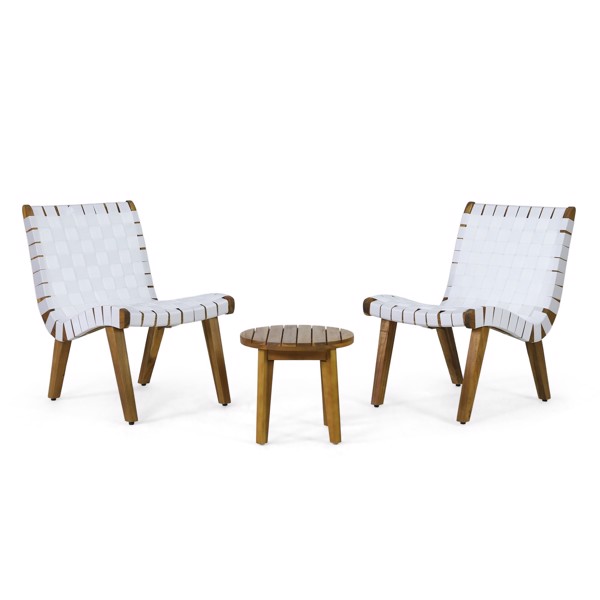 Outdoor Acacia Wood and Rope Weave 3 Piece Chat Set, White and Teak-2