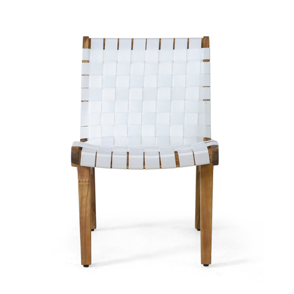Outdoor Acacia Wood and Rope Weave 3 Piece Chat Set, White and Teak-5