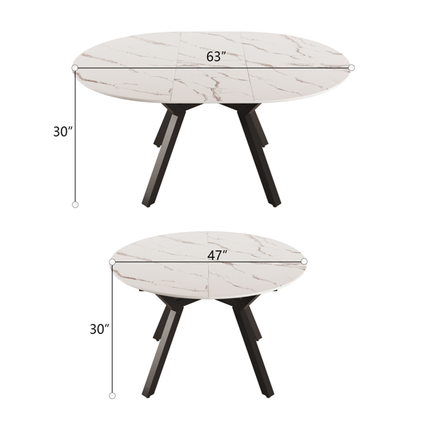 47-63" expandable circular dining tables , equipped with 4 PU fabric thick cushioned dining chairs and an elegant and spacious dining table, kitchen table and chair, with black metal legs -14