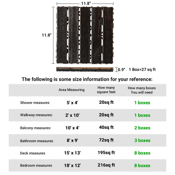 27pcs 30*30*2.3cm 黑胡桃色 松木 5片拼接 户外地板-6