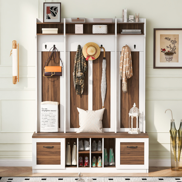 5-in-1 Entryway Bench with Coat Rack, 7 Sturdy Hooks, 2 Spacious Drawers and Adjustable Shelves, 58.8'' Wide Hall Tree with Metal Handles for Hallway, Entryway, Living Room-17