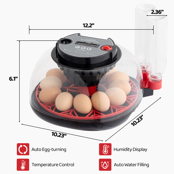 M12H 美规 孵化器 110V 35W 12枚 ABS+PET 红黑加透明上盖 带LED照蛋功能 自动翻蛋 温湿华氏度双显 自动控温控湿-2