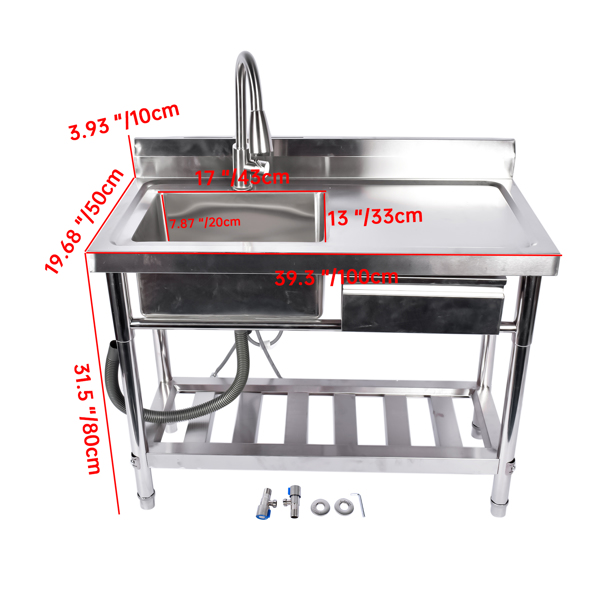 A1-不锈钢水槽 Stainless Steel Kitchen Sink Commercial Freestanding Utility Sink with Drawer and Pull-Out Faucet (39.3", Left Sink)-4