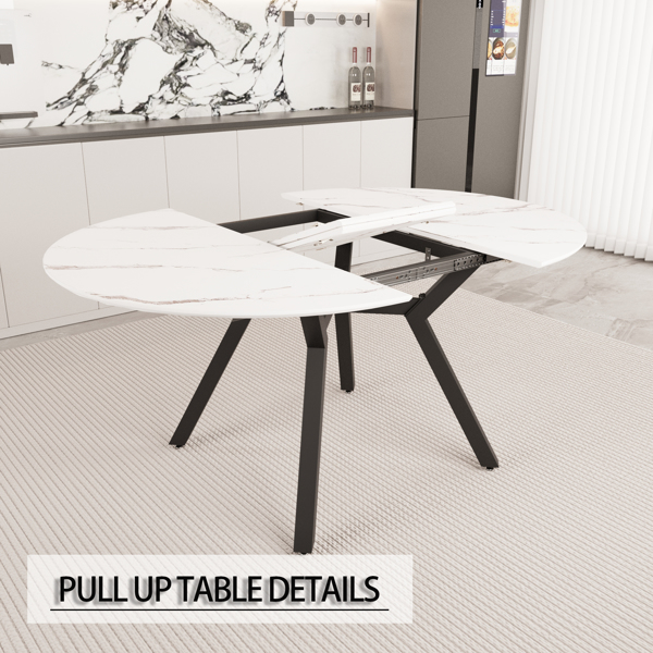 47-63" expandable circular dining tables , equipped with 4 PU fabric thick cushioned dining chairs and an elegant and spacious dining table, kitchen table and chair, with black metal legs -6
