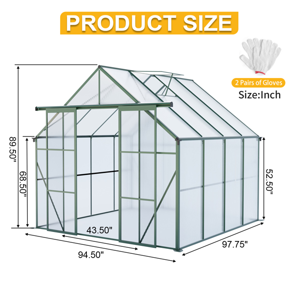 8x8 英尺双门聚碳酸酯温室升高底座和锚固铝制重型步入式温室，适合所有季节的户外后院，绿色-7