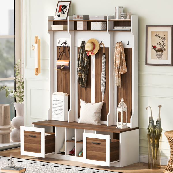 5-in-1 Entryway Bench with Coat Rack, 7 Sturdy Hooks, 2 Spacious Drawers and Adjustable Shelves, 58.8'' Wide Hall Tree with Metal Handles for Hallway, Entryway, Living Room-1