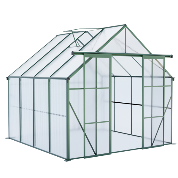 8x8 英尺双门聚碳酸酯温室升高底座和锚固铝制重型步入式温室，适合所有季节的户外后院，绿色-6